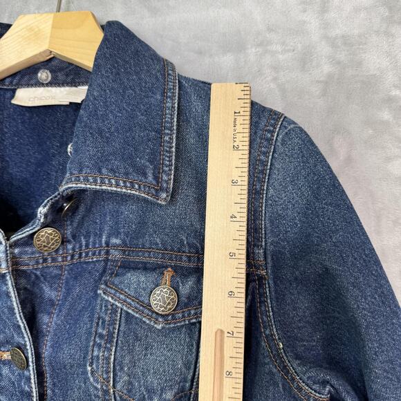 Chico's Jacket Womens Medium Blue Denim Jean Trucker Button Front Logo Buttons - Picture 8 of 9